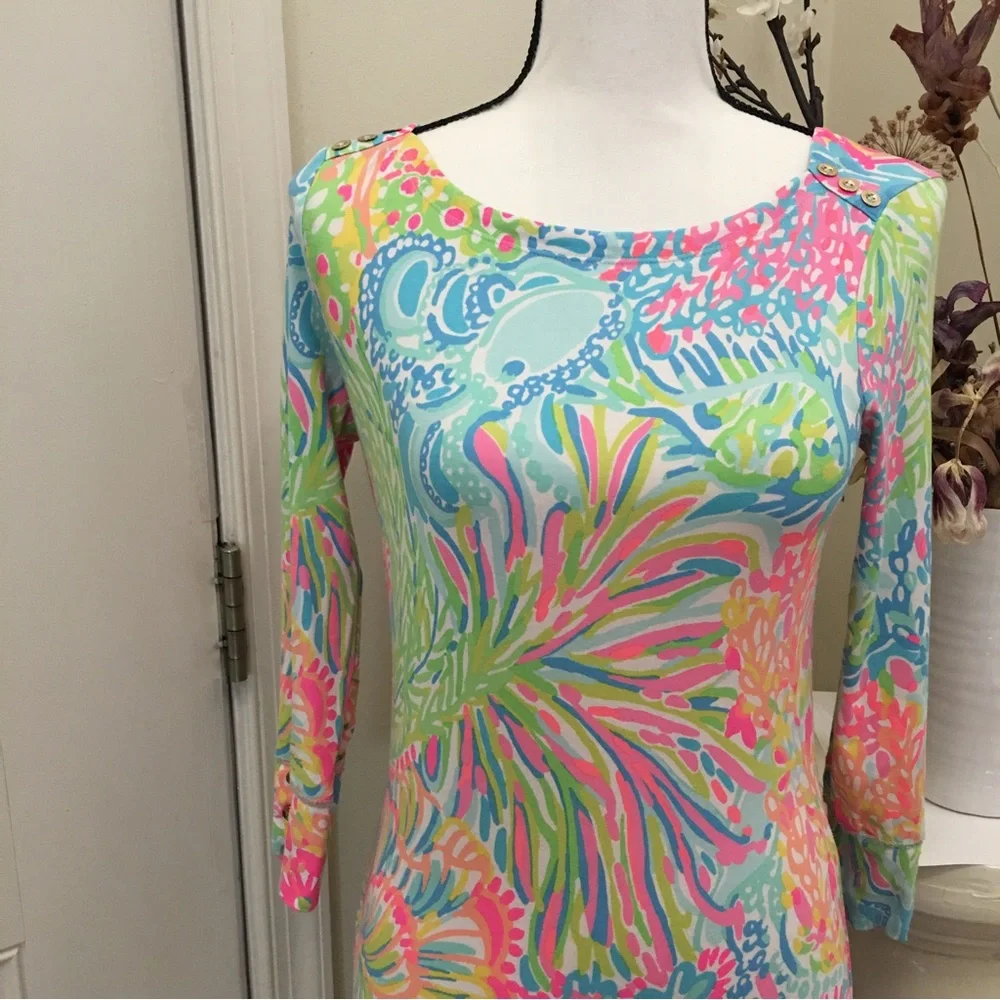 Lili Pulitzer xs long sleeve coral kelp sea neon fireworks stretch spandex dress - Picture 2 of 11